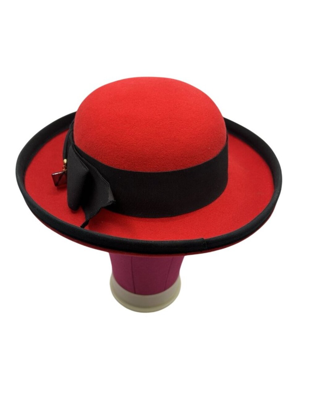 Vintage Adolfo II Red Wool Felt Hat Black Bow Heart Charm USA Excello Chic Style - Picture 5 of 16